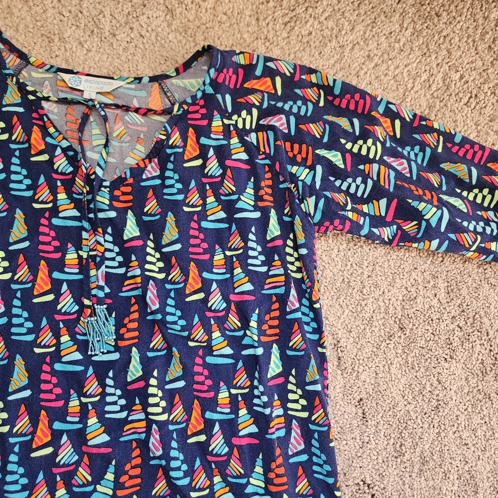 Escapada Living Womens Small Blue Colorful Sailboat Beaded Tassle Tunic Nautical